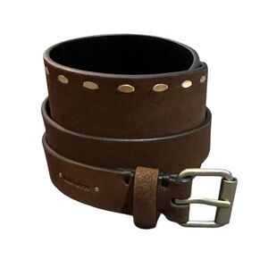 All Saints Brown Leather Studded Belt with Gold Hardware